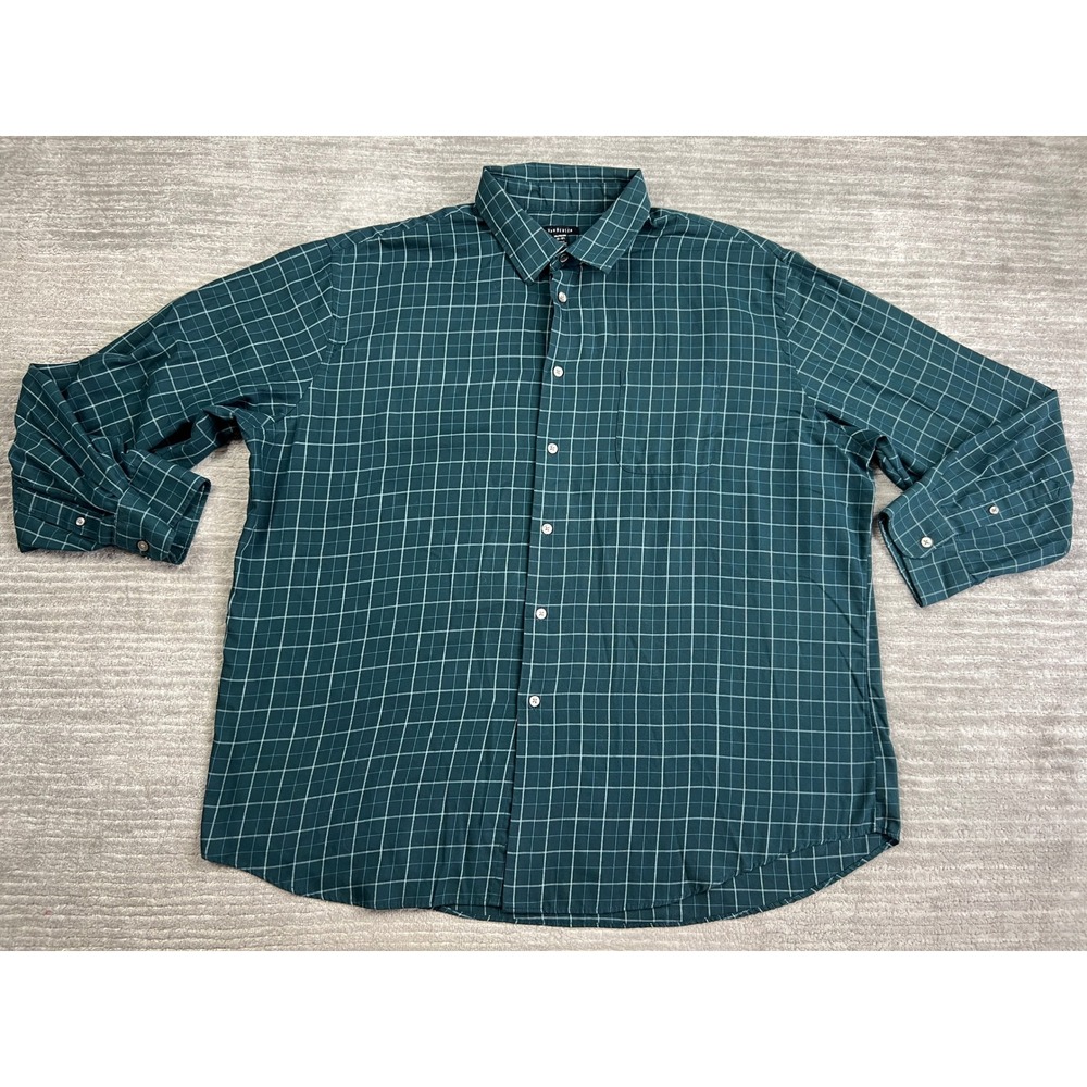 Van Heusen Button Down Mens XXL Green Windowpane Check Long Sleeve Shirt Pocket